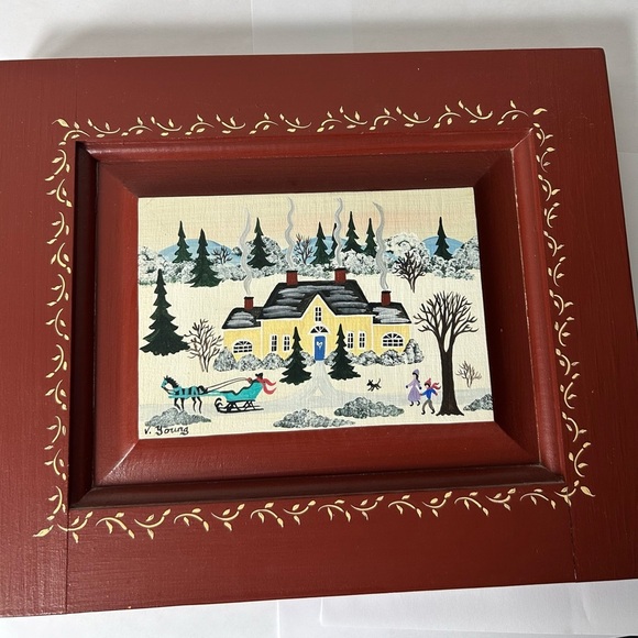 Virginia Young Folk Art Winter Scene Framed Painting on Wood - Picture 4 of 9